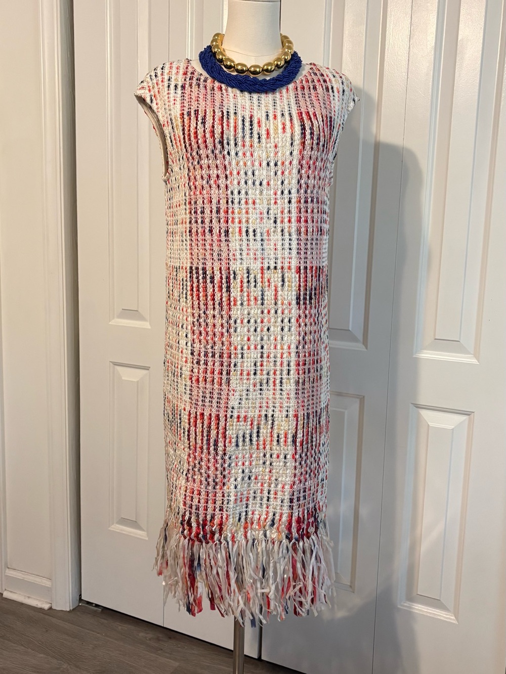 St. John Multi-Color Tweed Sleeveless Dress with Fringe Hem